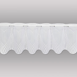 Halbtransparente weiße Scheibengardine aus Voile mit feiner Liniengrafik und geschwungenem Saum. 30 cm hoch