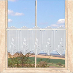 Moderne Plauener Stickerei-Kurzgardine Alexis 30 cm hoch an einem hellen Holzfenster dekoriert.