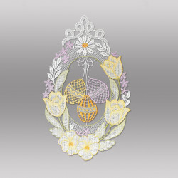 Filigranes Fensterbild Ostereier und Tulpen aus Plauener Spitze in Gelb und Rosa für Ostern.