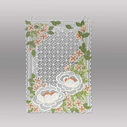Filigranes Fensterbild Seerosenviereck aus gestickter Plauener Spitze mit zarten Blüten in Pastellfarben.