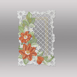 Filigranes Fensterbild Klematis aus Plauener Spitze in Orange und Grün als hochwertige Sommerdeko.