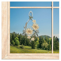 Margerite-bluetenreigenF.jpgAlt-Text: Gesticktes Fensterbild Margeriten-Blütenreigen aus Plauener Spitze am Fenster als sommerliche Deko.