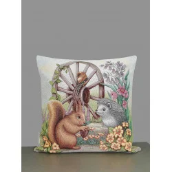 Süße Gobelin Kissenhülle Eichhörnchen und Igel am Rad
