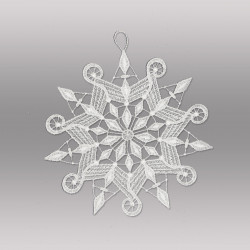 Sternförmiges Fensterbild Schneeflocke aus weißer Plauener Spitze auf neutralem Hintergrund.