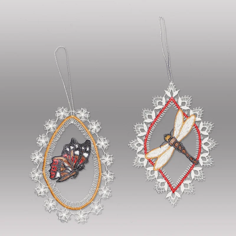 2er Set Anhänger Libelle und Schmetterling aus Plauener Spitze