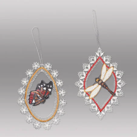 2er Set Anhänger Libelle und Schmetterling aus Plauener Spitze