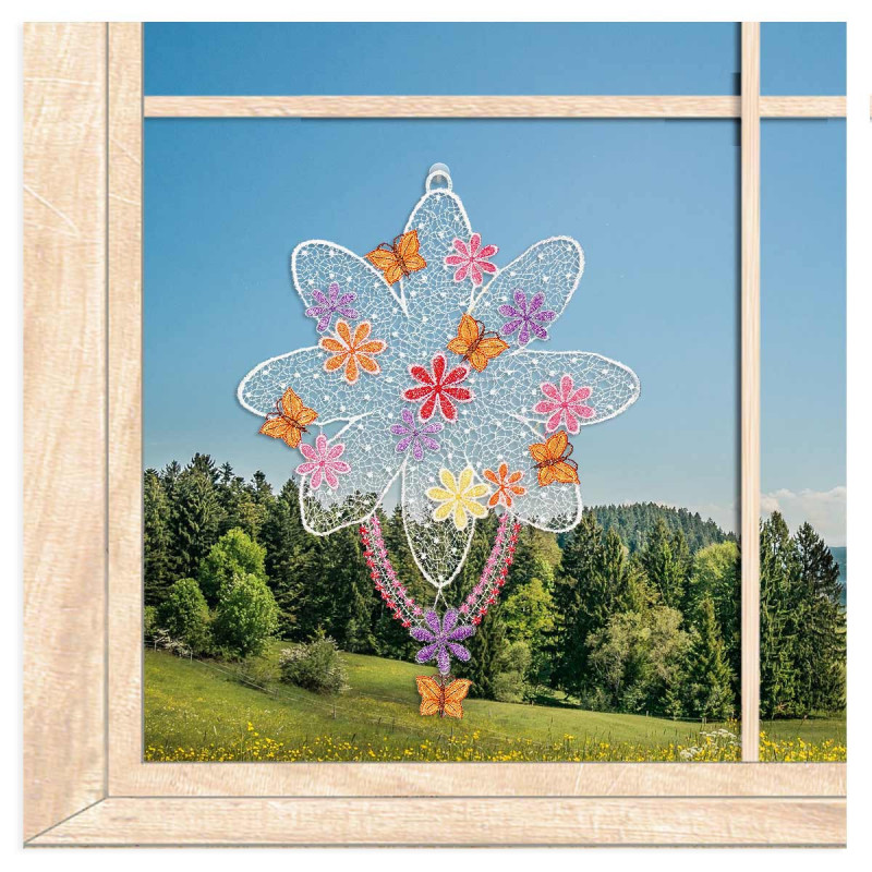 Modernes Fensterbild Frühlingsblume aus Plauener Spitze