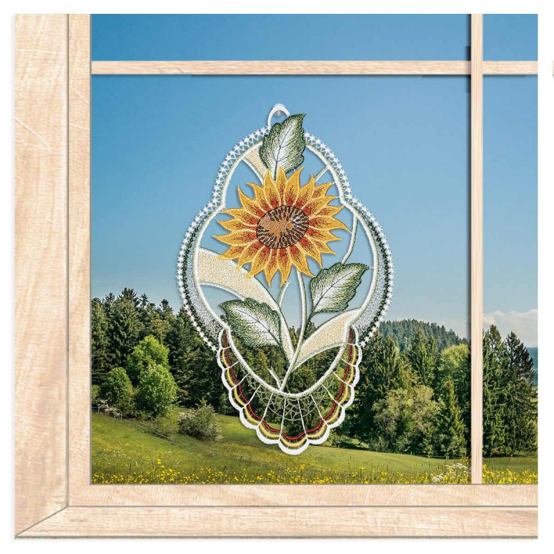 Attraktives Plauener Spitze Fensterbild Sonnenblume, am Fenster dekoriert