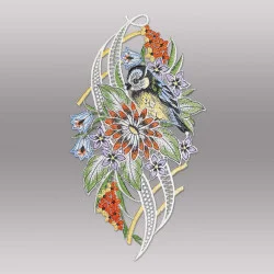 Spitzenbild Blütenstrauss mit Blaumeise