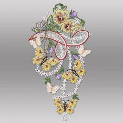 Fensterbild Zitronenfalter mit Blüten aus Plauener Spitze