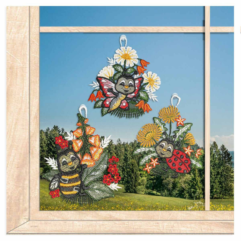 Kleine Fensterbilder Marienkäfer, Schmetterling und Biene