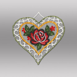 Gesticktes Fensterbild Herz aus Plauener Spitze mit rot-schwarzer Rose und gelbem Saum als Frühlingsdeko.