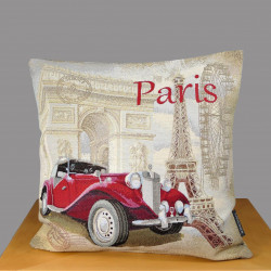 Gobelin-Dekokissen mit rotem Oldtimer, Eiffelturm-Motiv und "Paris"-Schriftzug auf beigem Webstoff.