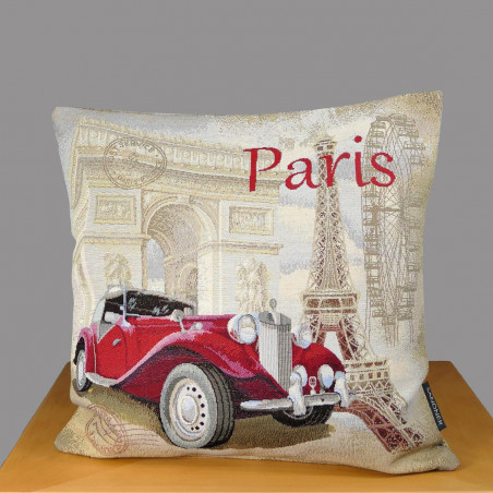 Gobelin-Dekokissen mit rotem Oldtimer, Eiffelturm-Motiv und "Paris"-Schriftzug auf beigem Webstoff.