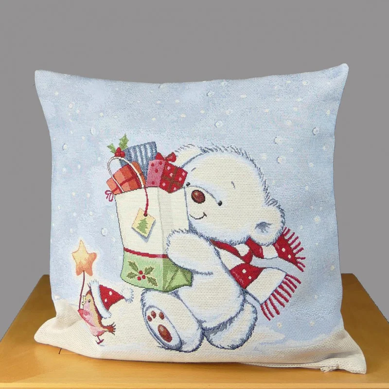 Gobelin-Kissenbezug Bär mit Geschenktüte 45x45 cm