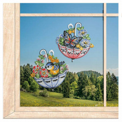 Gesticktes Fensterbild Spitzenschirm mit bunten Blumen aus Plauener Spitze am Fenster, Frühlingsdeko Heimtextilien.