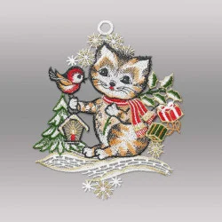 Kleines Fensterbild Kätzchen mit Laterne aus Plauener Spitze