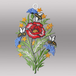 Fensterbild Mohnblume mit Bienen aus Plauener Spitze
