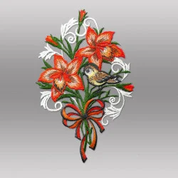 Plauener Spitzen-Fensterbild Lilienstrauss  mit Vogel