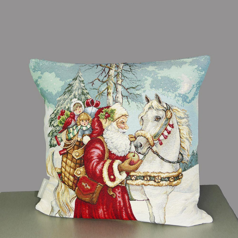 Festliche Gobelin Kissenhülle Santa und sein Pferd 45x45 cm