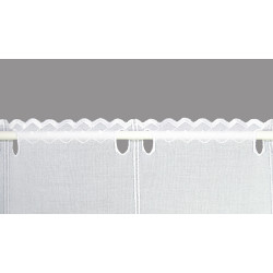 Bestickte Raffgardine Blanca Nahaufnahme Gardinen-Oberkante mit Stangendurchzug und filigraner Stickerei-Borte aus echter Plauener Spitze.