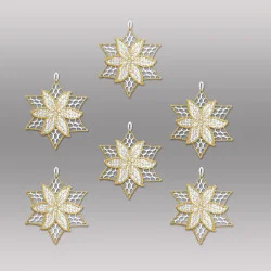 6er Set Anhänger Sterne mit Blüte in weiß-gold Baumbehang