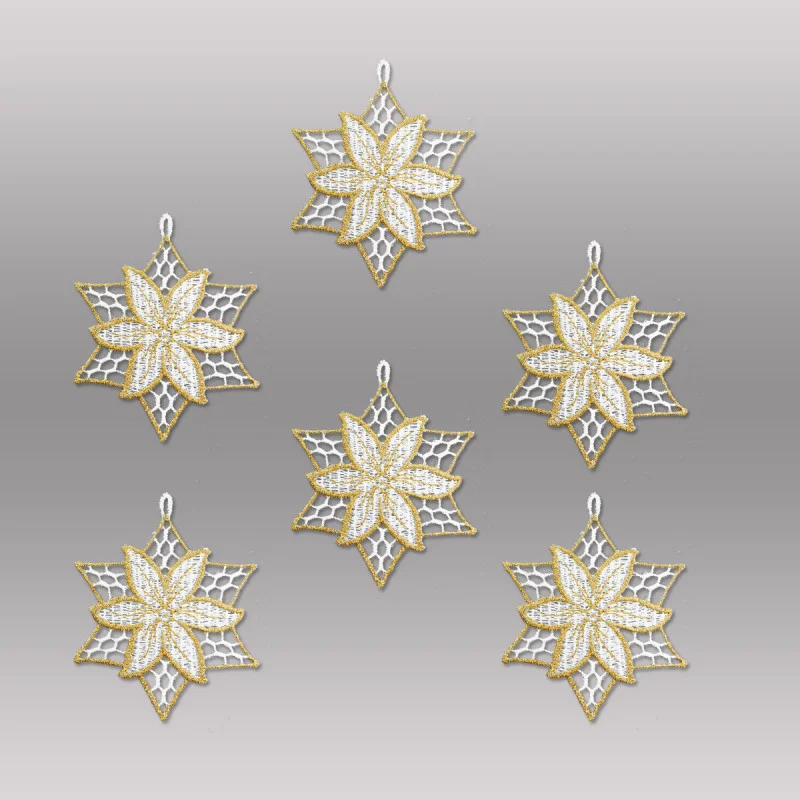6er Set Anhänger Sterne mit Blüte in weiß-gold Baumbehang