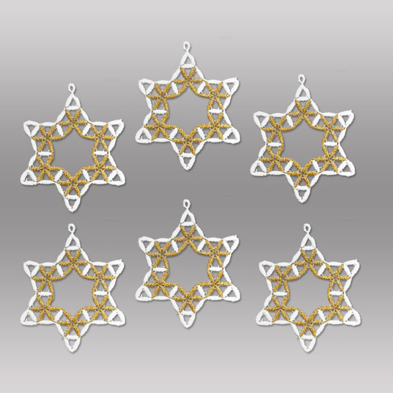 6er-Set Schneekristalle aus Plauener Spitze in Weiß und Gold als elegante Heimtextilien-Weihnachtsdeko.
