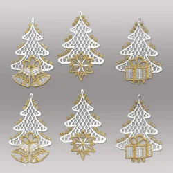 6er Set Anhänger Tannenbäume in weiß-gold