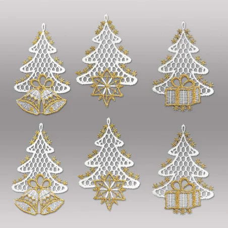 6er Set Anhänger Tannenbäume in weiß-gold