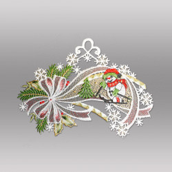 Gesticktes Fensterbild Schneemann auf Skiern aus Plauener Spitze für stimmungsvolle Weihnachtsdekoration.