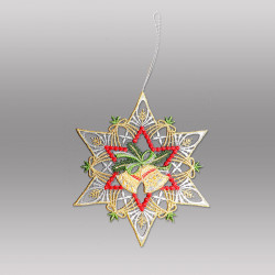 Freigestelltes Spitzen-Fensterbild in Sternform mit zwei kleinen Weihnachtsglocken und einer Schleife im Zentrum vor grauem Grund.