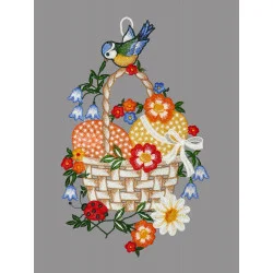 Oster-Fensterbild Eierkorb mit Blaumeise aus bunter Plauener Spitze