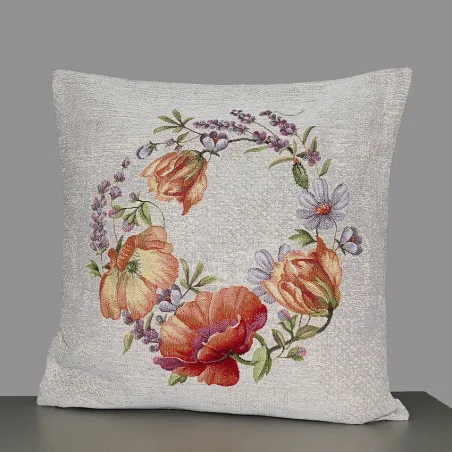 Rustikaler Gobelin-Kissenbezug Mohnkranz 45 x 45 cm