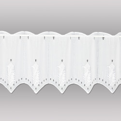 Plauener Spitze Scheibengardine in Weiß mit floraler Bestickung und filigranem Bogensaum, Heimtextilien.