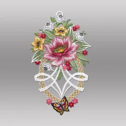 Plauener Spitze-Fensterbild Pfingstrose mit Schmetterling