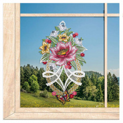 Plauener Spitze-Fensterbild Pfingstrose mit Schmetterling
