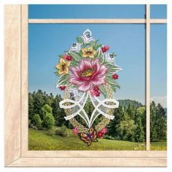 Plauener Spitze-Fensterbild Pfingstrose mit Schmetterling