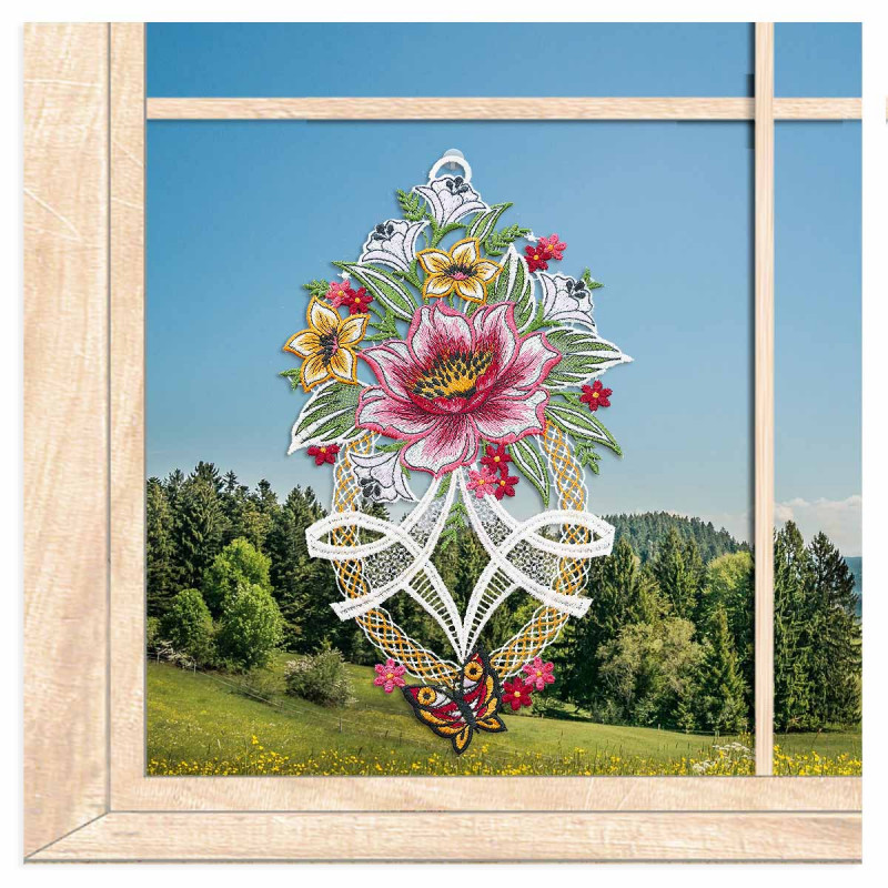 Plauener Spitze-Fensterbild Pfingstrose mit Schmetterling