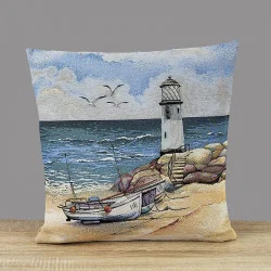 Maritime Gobelin-Kissenhülle Boote am Ostseestrand