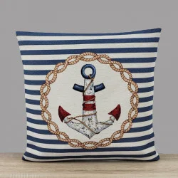Blau-Weiß gestreifter Gobelin-Kissenbezug Anker
