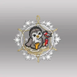 3er Set Anhänger Schneekristalle mit Pinguinen-kleine Fensterbilder aus Plauener Spitze