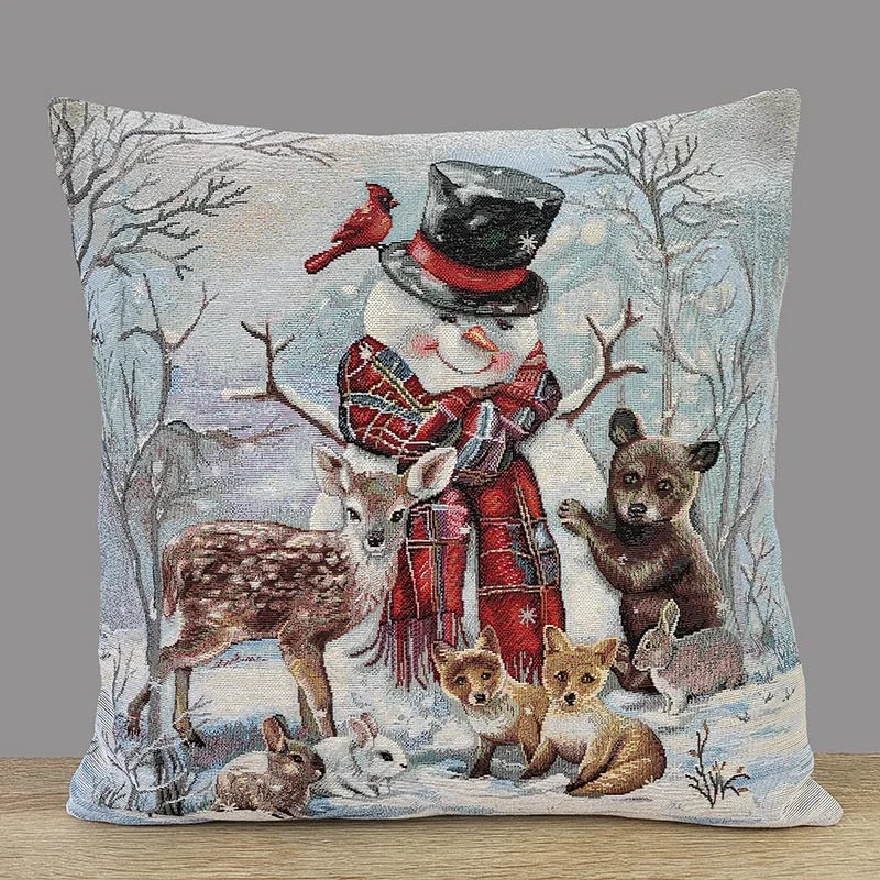 Winterlicher Gobelin-Kissenhülle Schneemann mit Zylinder