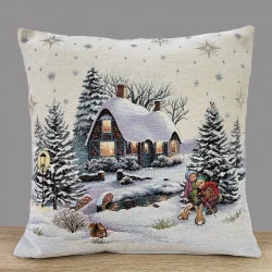 Winterlicher Gobelin-Kissenbezug Waldhaus