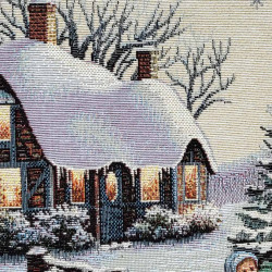 Winterlicher Gobelin-Kissenbezug Waldhaus Nahaufnahme