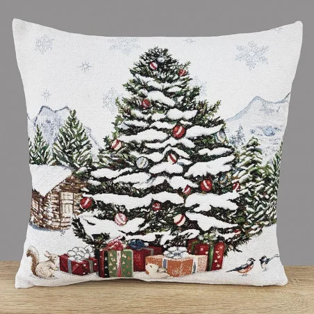 Chenille-Kissenbezug Weihnachtstanne im Winterwald 45x45 cm
