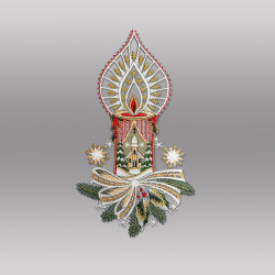 Fensterbild Zierliche Kerze mit Kirche aus farbiger Plauener Luftspitze