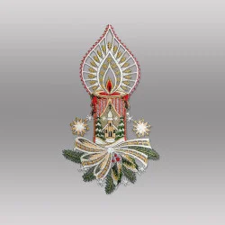 Fensterbild Zierliche Kerze mit Kirche aus farbiger Plauener Luftspitze