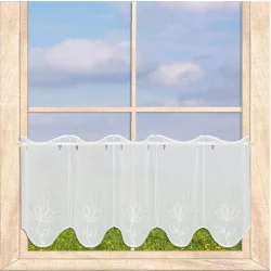 Stickerei-Scheibengardine Alegra mit Blütenstickerei in weiß-silber-taupe  30 cm hoch