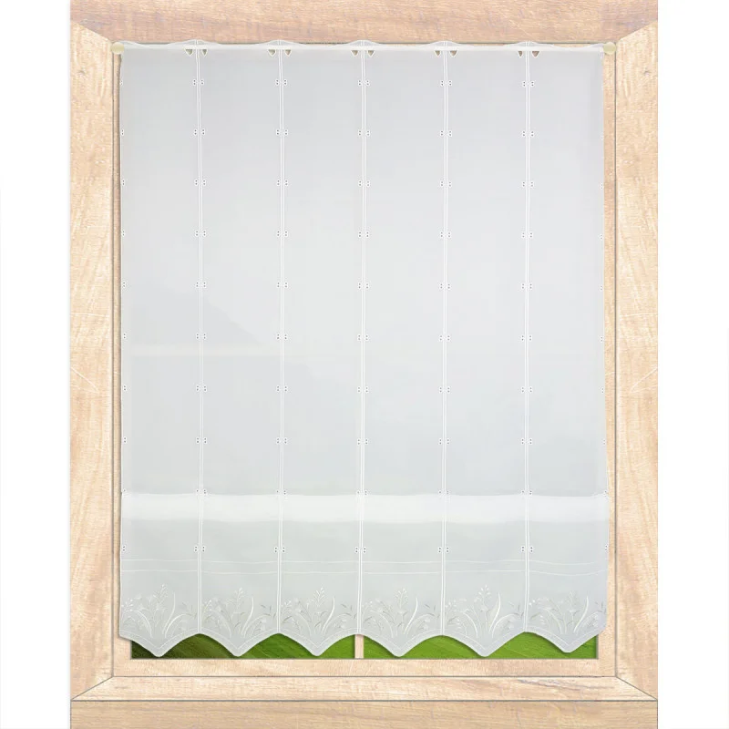 Stickerei-Raffgardine Bergwiese mit Gräserstickerei in Weiß-Hellgrün am Fenster